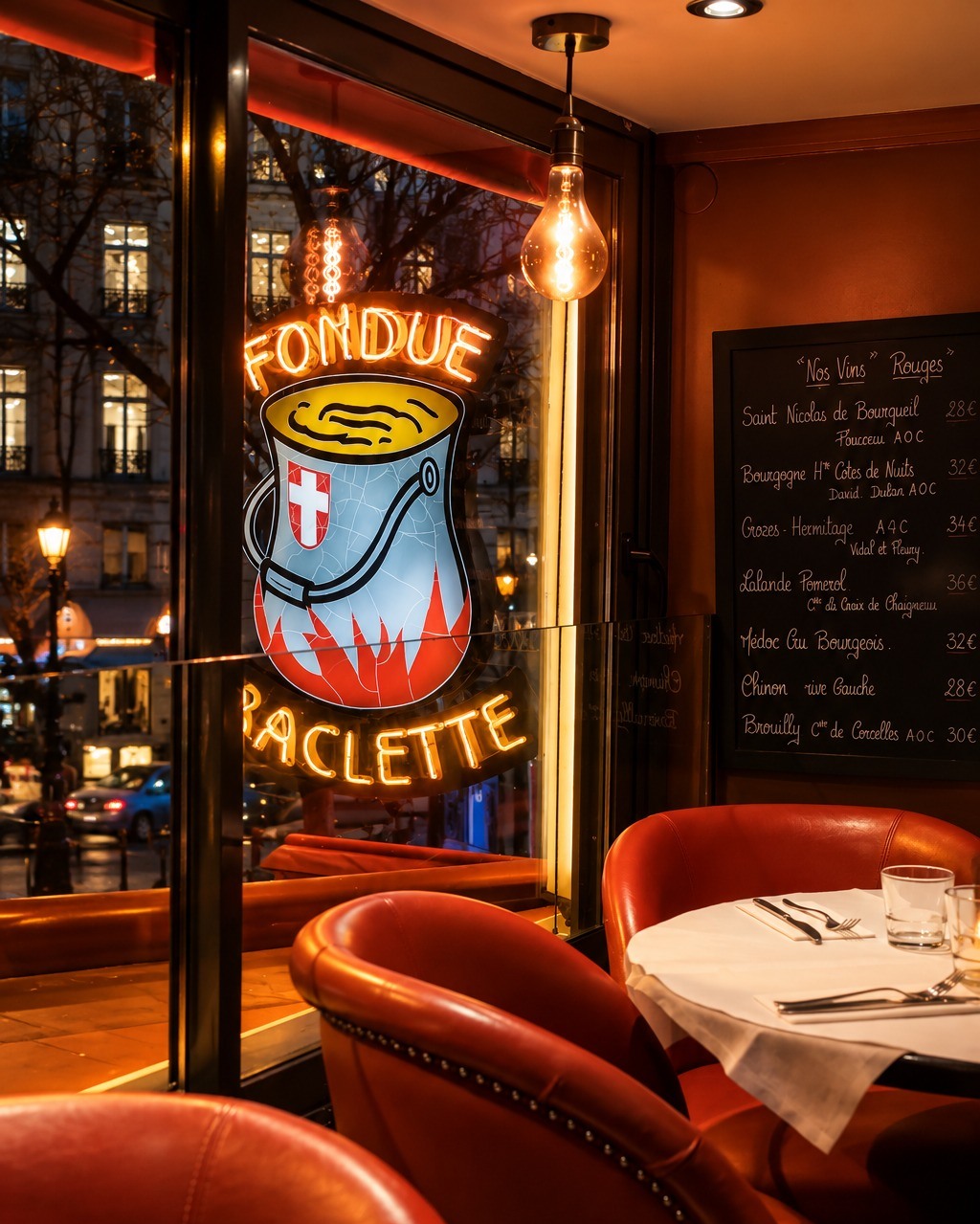 Salle restaurant fondue raclette Le Marivaux à Paris, néon chaleureux et menu des vins