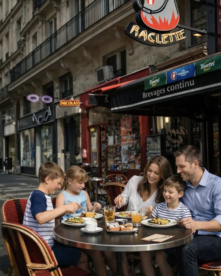 Famille déjeunant en terrasse parisienne, restaurant Raclette