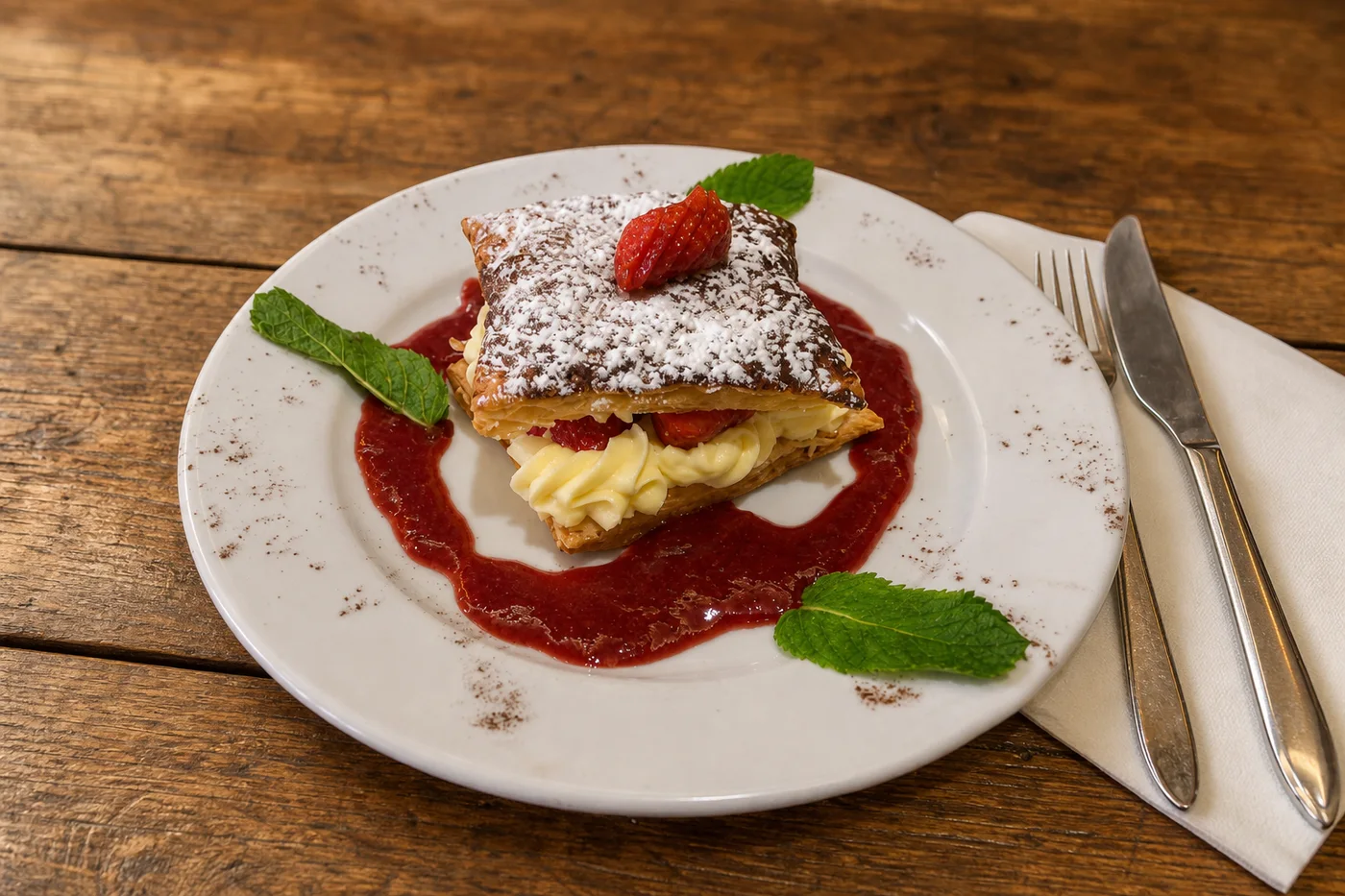 Millefeuille aux fruits rouges et crème pâtissière, dressage gastronomique