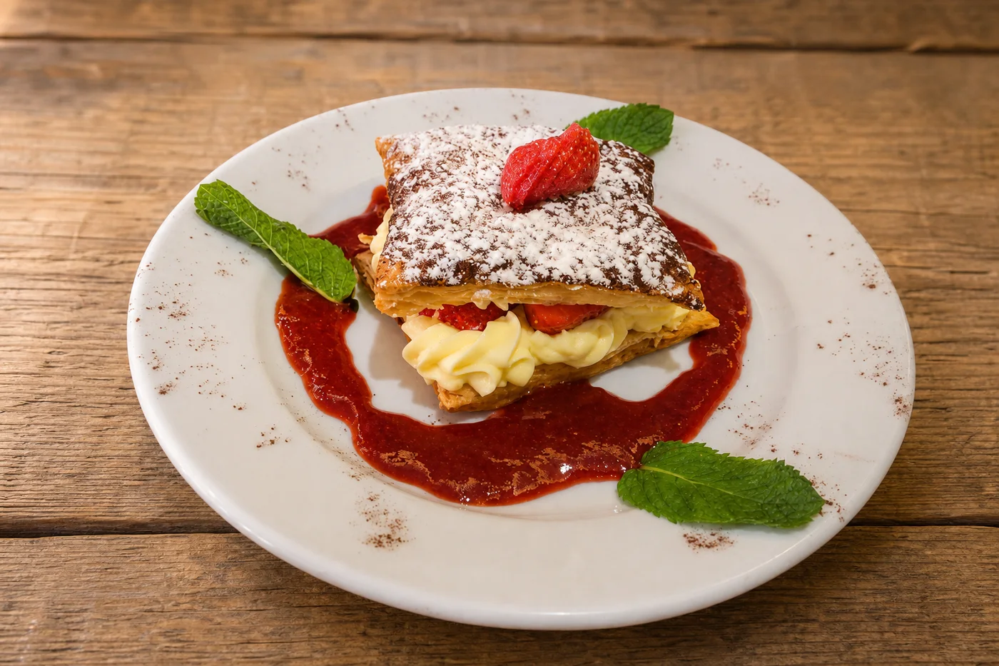 Mille-feuille aux fraises et coulis de fruits rouges, poudre de cacao